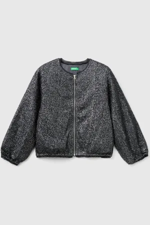 Benetton Small Pailletter Stof Bomber Sort Jakke Med Logo Lynlås7 - 8 år (122 - 128cm)