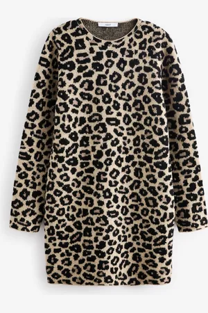 Next Leopard Dyreprint Langærmet Short Knitted Shift Trøje KjoleM