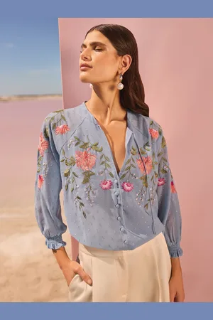 Love & Roses Floral Print Embroidered Metallic 3/4 Sleeve V-Neckline Blouse38