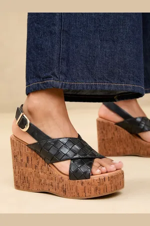 Lipsy London High Weave Cross Strap Faux Leather Cork Wedges