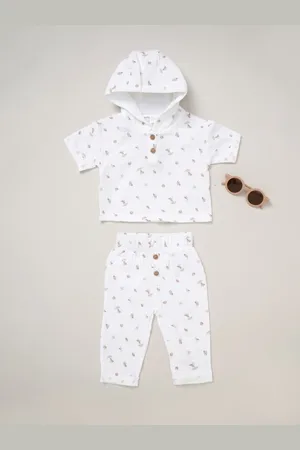 Rock-a-bye Baby Boutique 100% Cotton Printed White Hooded And Joggers Set5662cm