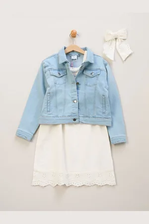 MISS Broderie White Dress Denim Jacket and Hair Clip Outfit Set140146cm