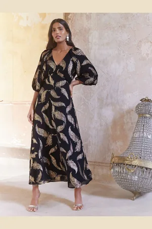 Love & Roses Feather Metallic Puff Sleeve Midi Dress38