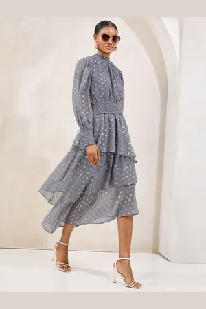 Lipsy London Metallisk Viscose Langærmet Flæsekant Midi Kjole46