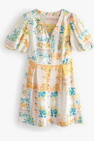 Next V-Neck Puff Sleeve Mini Dress with Linen40høj