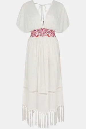 Accessorize Palm Embroidered Fringe Kaftan Dresssmall