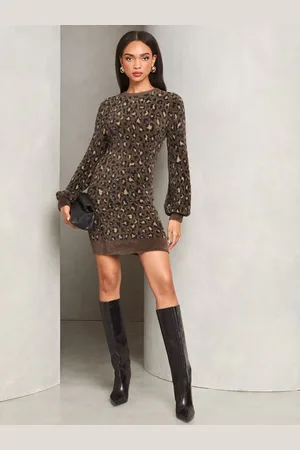 Lipsy London Leopard Tryk Fluffy Knit Midi Trøje Kjole40