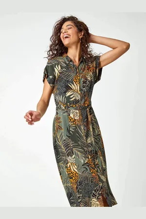 Roman Tropical Leaf Print Shirt Dress40