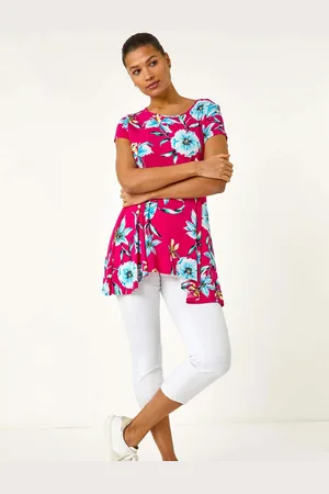 Roman Floral Print Hanky Hem Stretch Tunic Top40