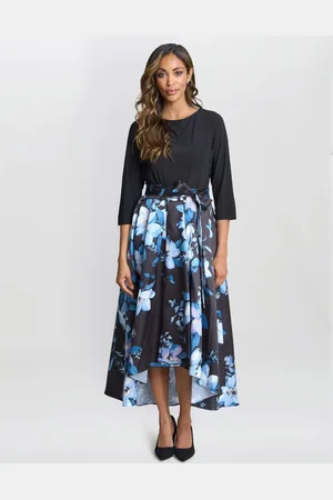 Gina Bacconi Louise Printed High/Low Midi Black Dress50
