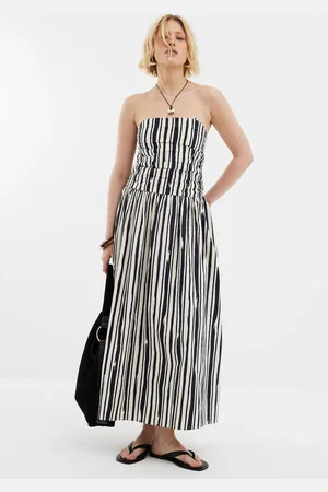 River Island Pleat Bodice Bandeau Midi Stripe 100% Cotton Dress46