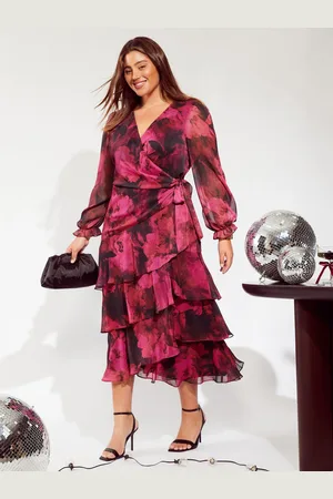 Friends Like These Curve Langærmet Printed Flæsekant Wrap Midi Kjole52