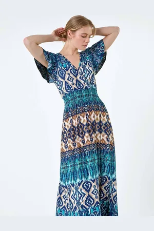 Roman Aztec Style Print Shirred Stretch Maxi Dress40
