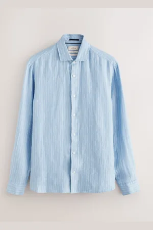 Next Stripe 100% Linen Basket Weave Long Sleeve Smart Shirt with Cutaway Collarxsmall