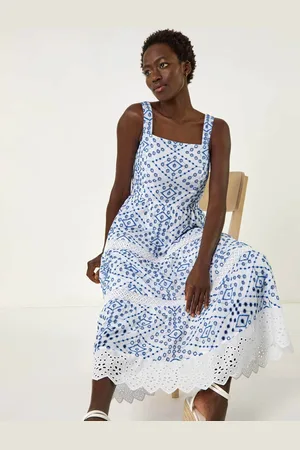 Roman 100% Cotton Broderie Strap Detail Midi Dress42