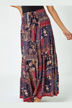 Roman Boho Floral Shirred Waist Maxi Skirt42