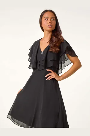 Roman Petite V-Neck Flare Trim Detail Cape Dress38