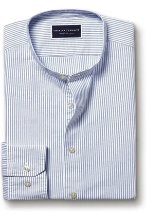 Charles Tyrwhitt Classic Fit Stripe Stretch Washed Oxford Collarless 100% Cotton Shirtxlarge