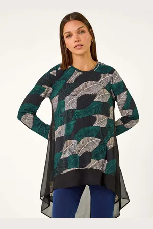 Roman Leaf Tryk Chiffon Dyppet Hem Top48