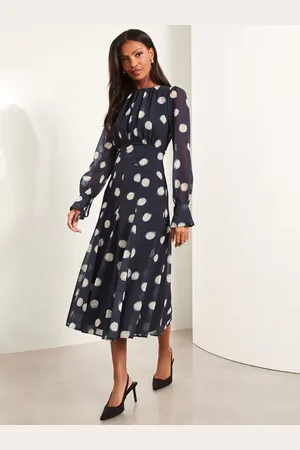 Lipsy London Long Sleeve Gathered Waist Spot Midi Dress36