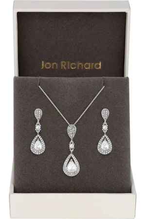 Jon Richard Clear Crystal Pave 3 Tier Pear Drop Necklace & Earring Matching SetEn