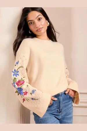 Love & Roses Embroidered Pointelle Stitch Sleeve Crew Neck Knitted Jumper48