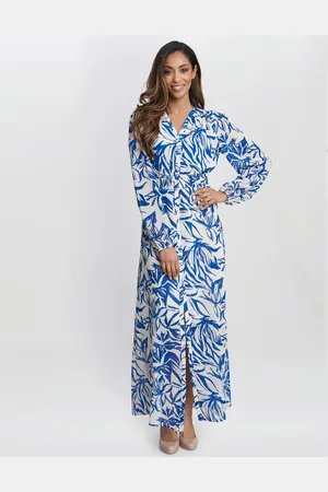 Gina Bacconi Blue Judy Button Neck Long Sleeve DressL