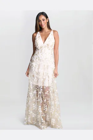 Gina Bacconi Cream Zafira Blomster Tryk Applikation Kjole