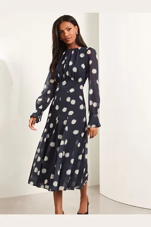 Lipsy London Long Sleeve Gathered Waist Spot Midi Dress34
