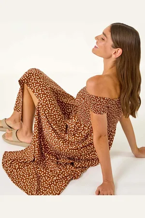 Roman Spot Print Shirred Bardot Maxi Dress