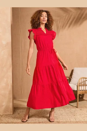 Love & Roses Flutter Sleeve Tired 100% Cotton Midi Dress48