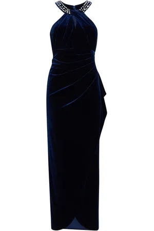 Gina Bacconi Blue Naomi Beaded Velvet Halter Neck Maxi Dress44