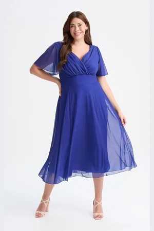 Scarlett & Jo Victoria Solid Sapphire Angel Sleeve Mesh Midi Long Dress50