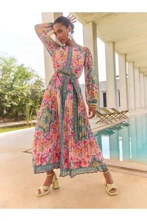 Love & Roses Crew Neck Belted Long Sleeve Pleated Maxi Dress36