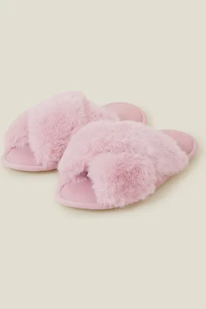 Accessorize Luxe Cross Strap Faux Fur SlippersM