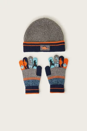 Monsoon Dinosaur Stripe Winter Beanie Hat Set6 - 10 år (116 - 140cm)