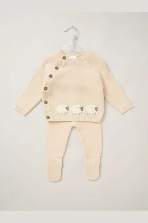 Rock-a-bye Baby Boutique Natural Sheep True Knit 100% Cotton Cardigan And Footed Trousers Outfit Set7480cm