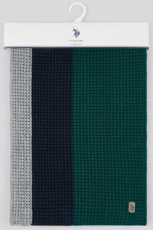 U.S. Polo Assn. U. S. Polo Assn. Mens Green Striped Winter Waffle Knit ScarfEn