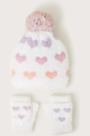 Monsoon Neon Hearts Fluffy Hat and Gloves Set6 - 10 år (116 - 140cm)