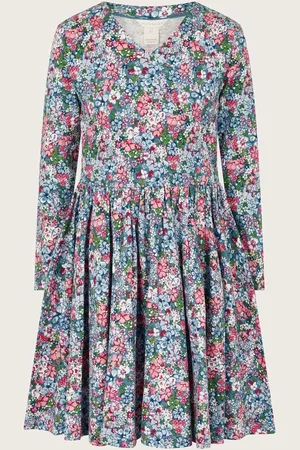 Monsoon Long Sleeve Floral Print Jersey 100% Cotton Dress3 - 4 år (98 - 104cm)