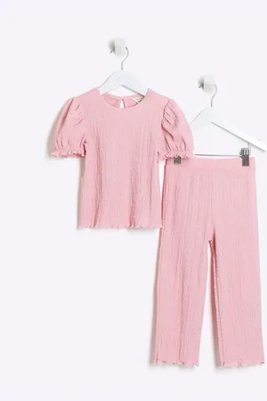 River Island Girls Puff Sleeve Textured 100% Cottton Top And Trousers Set98104cm