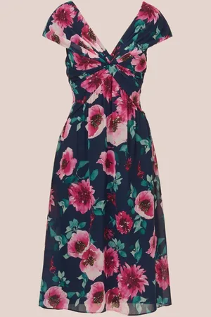 Adrianna Papell Blue Printed Front Twist Midi Dress40