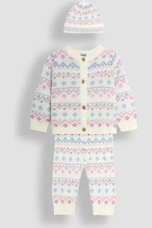 JoJo Maman Bébé 3 Piece Fair Isle Pattern Baby Knit Cardigan, Trousers & Hat Set10 - 18 måneder (76 - 86cm)