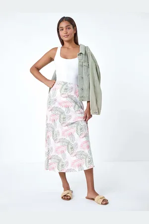Roman Tropical Print Linen Blend A-Line Skirt42