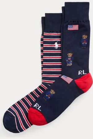 Ralph Lauren 100% Cotton Stripe Polo Bear Flag Crew Socks 2 Packonesize
