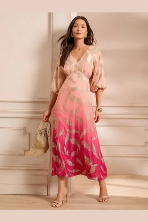 Love & Roses Feather Metallisk Pufærme Midi Kjole44