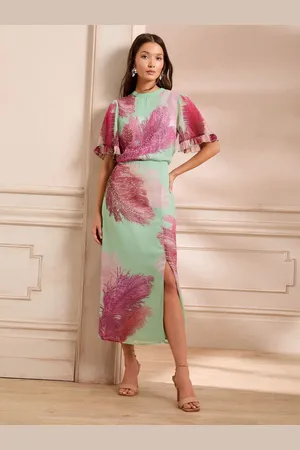 Love & Roses Feather Sequin Angel Sleeve Midi Dress36