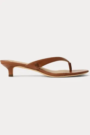 Ralph Lauren Francesa Leather Kitten Heel Flip Flop Brown Sandalseu355