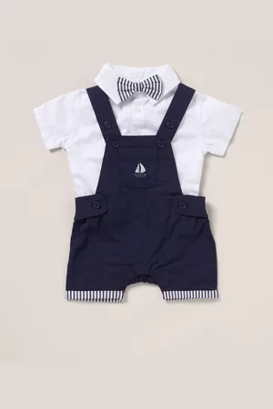 Little Gent Blue 100% Cotton Bodysuit Shirt Dungarees and Bowtie Outfit Set8086cm