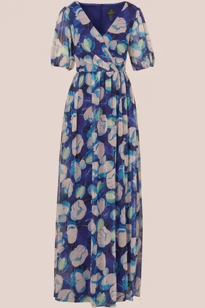 Adrianna Papell Blue Crinkle Chiffon Floral Print Gown42